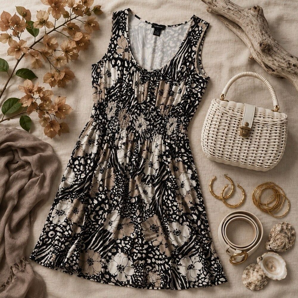 Spense Mixed Floral Animal Print Stretch Waist Midi Dress M